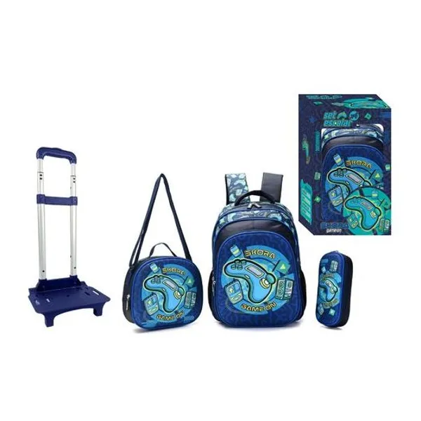 Set mochila 16" con carro, lunchera 24x22x9 cm y cartuchera 23x10x4.5 cm gamer en caja Skora
