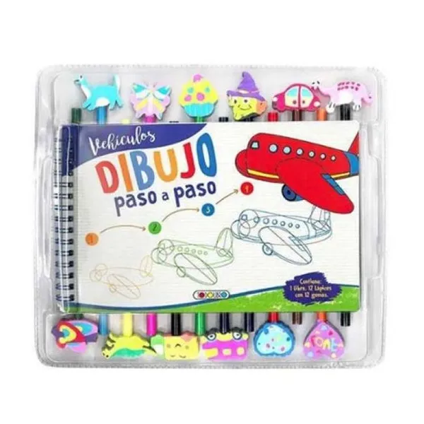 Vehiculos dibujo paso a paso 22 x14 cm/32 páginas/incluye: 12 lápices, 12 gomas