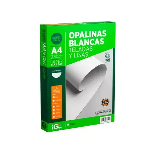 Papel opalina rapel pack premium lisa tamaño a4 180 grsx 10 hjs.
