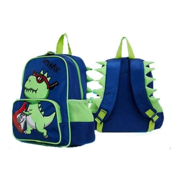 Mochila de 12" de espalda con estampa de dinosaurio y bolsillo delantero.