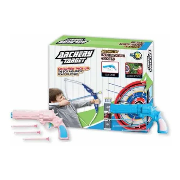 Set de arco y flecha con blanco y estuche para flechas y pistola de dardos.