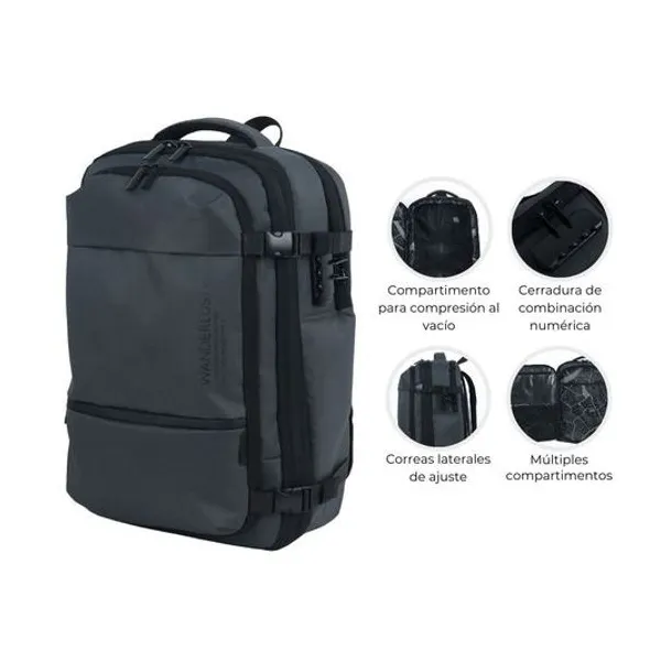 Mochila 18.5" espalda de compresion al vacio travel go gris con cinta para valija wanderlust