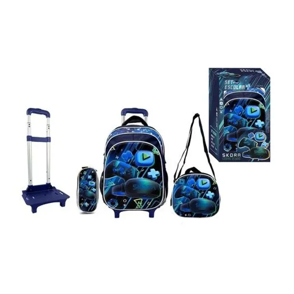Set mochila 16" con carro, lunchera 24x22x9 cm y cartuchera 23x10x4.5 cm game zone Skora
