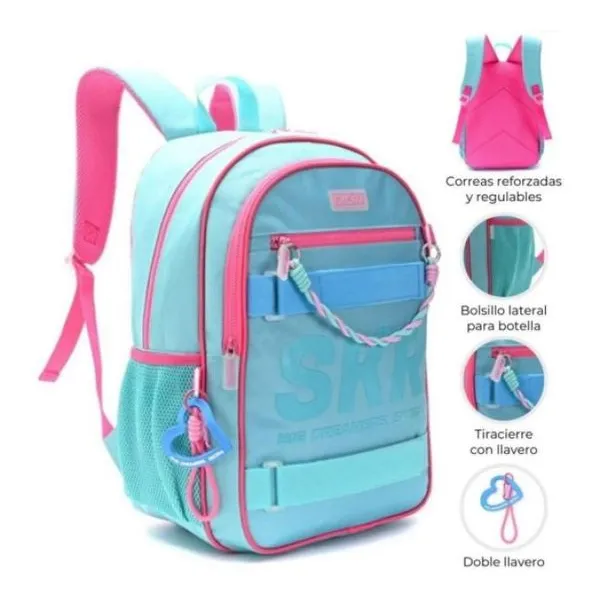 Mochila 17" cromatico verde acqua con pipping fucsia triple llavero