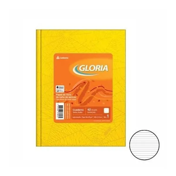 Cuaderno 16x21 rayado tapa dura amarillo 42h Gloria