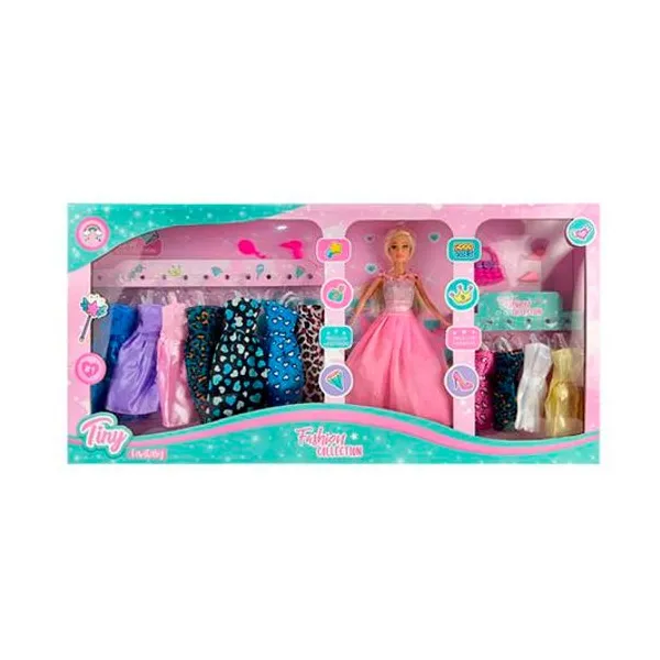 Muñeca Tiny fashion con accesorios 17 piezas en caja 67x33x6 cm