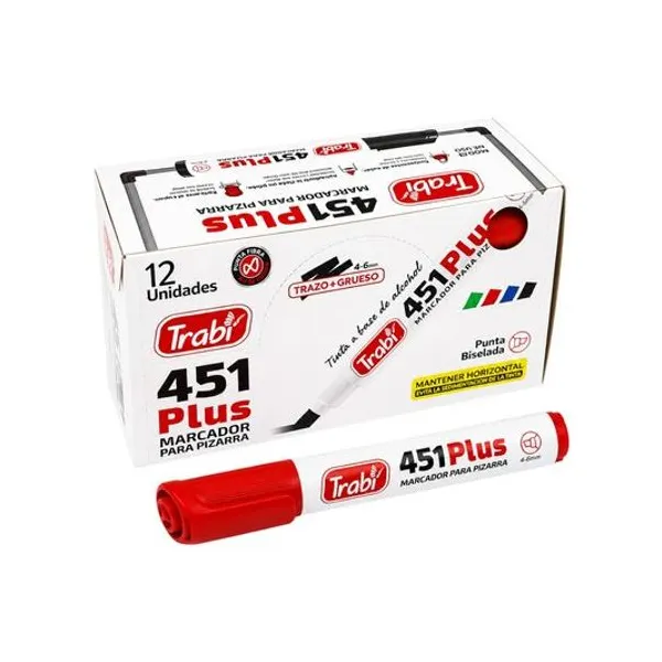 Marcador para pizarra punta biselada recargable 451 plus rojo caja x12 trabi