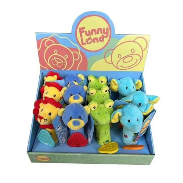 Peluche con mordillo y chirriador 15 cm león, elefante, oso y rana en display