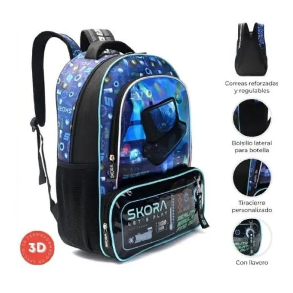 Mochila gamer joystick switch con parche termoformado con llavero 32 x45 x15
