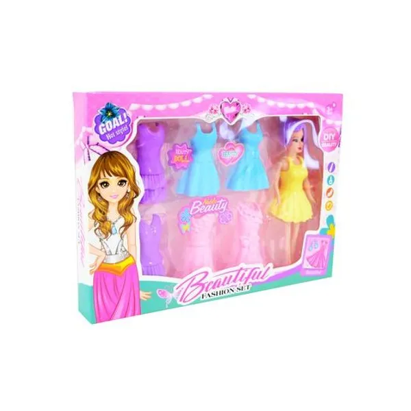 Muñeca fashion con accesorios 7pzs en caja 25x18 cm