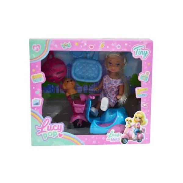 Muñeca lucy pop Tiny con moto y accesorios en caja 17x15x9 cm