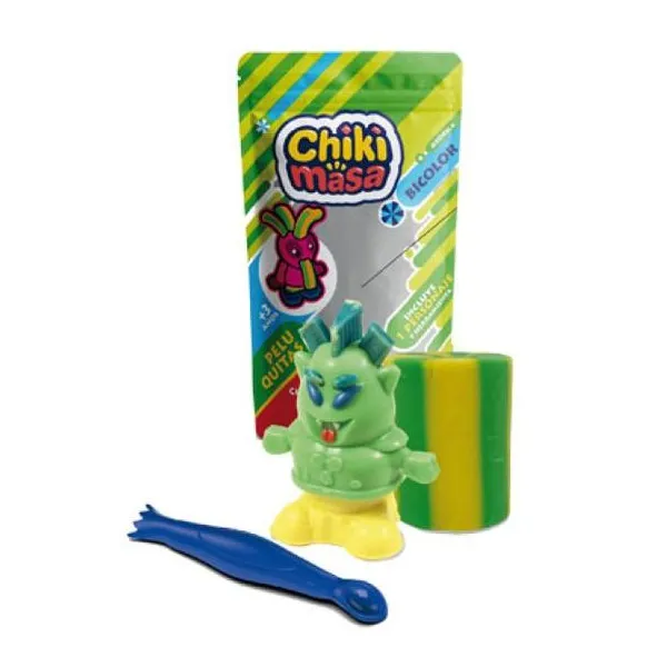 Bolsita mediana con masa bicolor y muñequito peluquitas, incluye herramienta