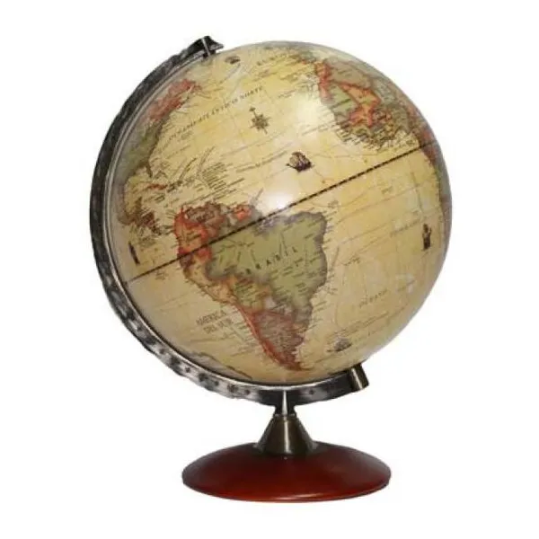 Globo terraqueo 30 cm base madera meridiano de metal antiguo