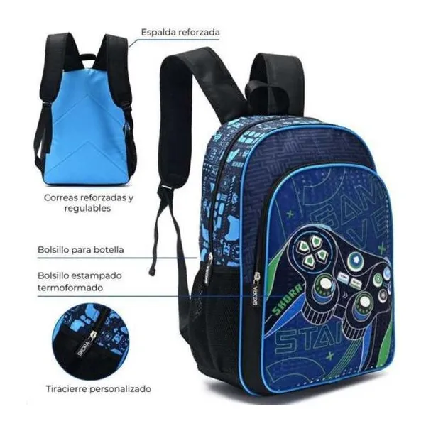Mochila gamer joystick 16 pulg con llavero 40x29x17 cm