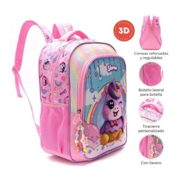 Mochila 18" teen kawaii unicornio helado con parche termoformado y llavero