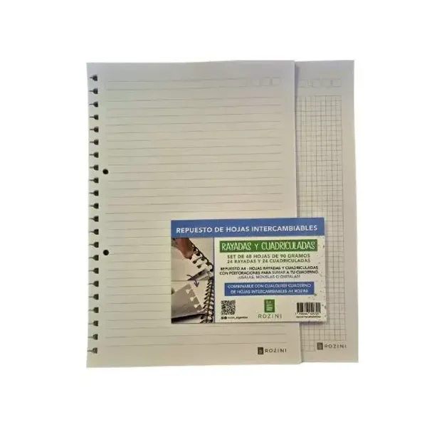 Repuesto a4 para cuaderno rozini intercambiable 48 hjs.raya/cuadro