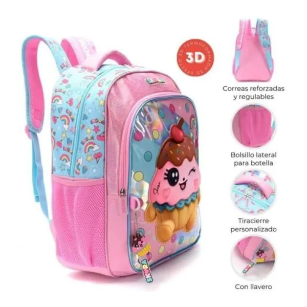 Mochila 18" teen kawaii muffin con parche termoformado y llavero