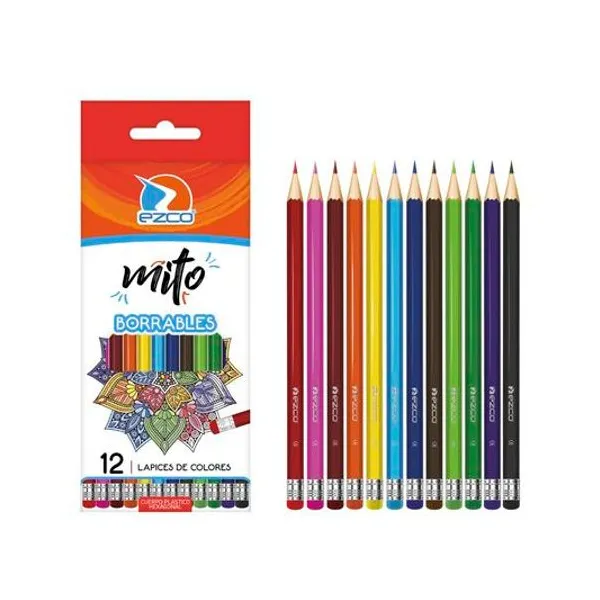 Lápiz de color largo mito borrable caja x12 Ezco