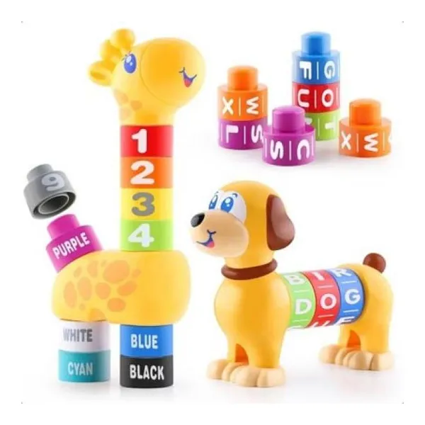 Happy kids puppy learning blocks giraffe