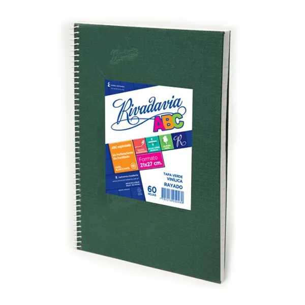 Cuaderno espiral a4 Rivadavia abc vinílico 60 hs.raya verde