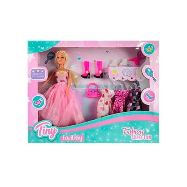 Muñeca Tiny fashion con accesorios 10 piezas en caja 42x33x6 cm