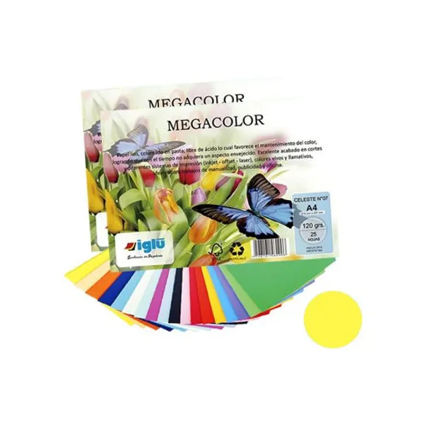 Papel iglu megacolor m01 amarillo tamaño a4 120 grsx 25 hs