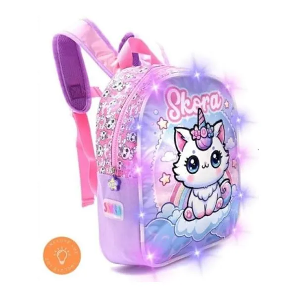 Mochila con luz petit frente raso con parche gatito unicornio de piel bordado 2