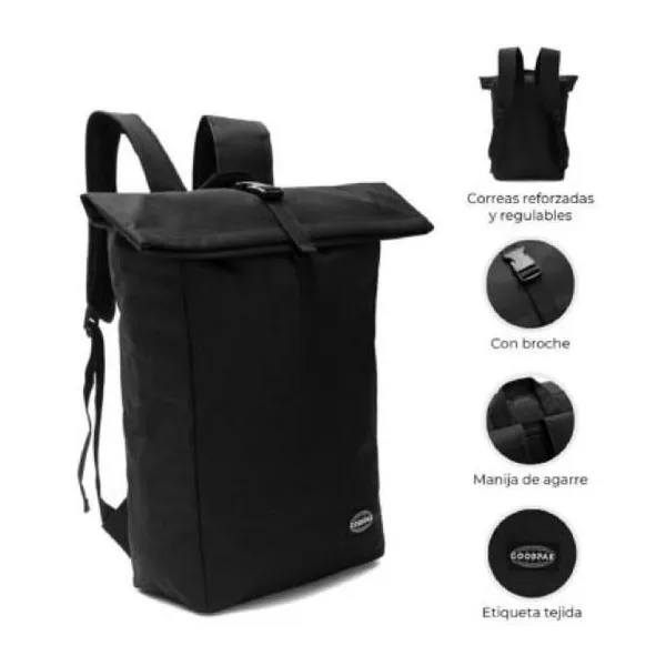 Mochila goodpak roll broche delantero negro h 44.5 x w 30 xd 12 cm