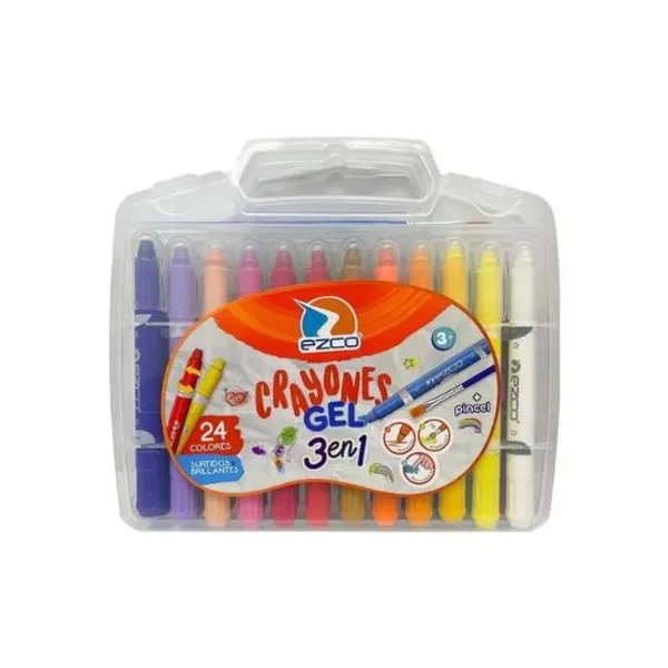 Crayones gel Ezco 3 en 1 valija con 24 colores + pincel