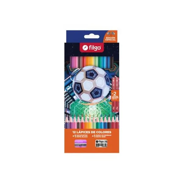 Lápiz de color largo de resina Pinto fútbol con goma y sacapunta caja x12 Filgo