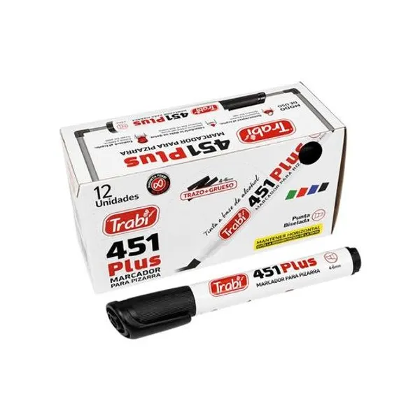 Marcador para pizarra punta biselada recargable 451 plus negro caja x12 trabi