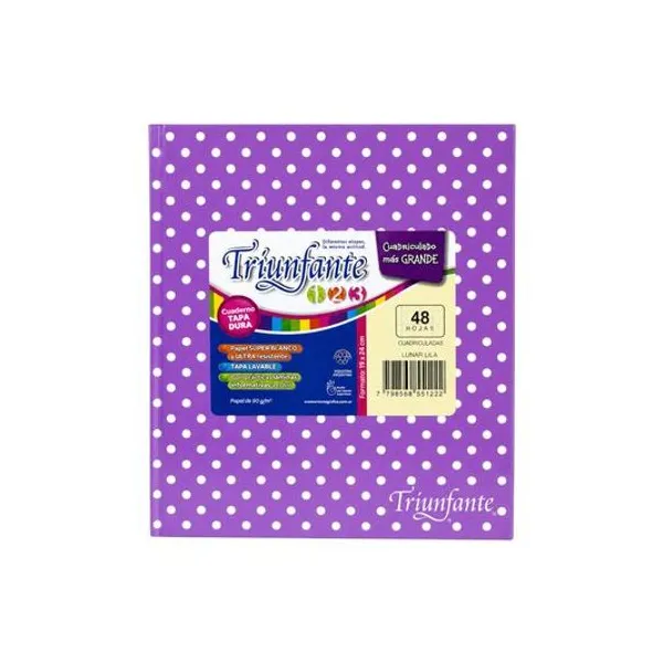 Cuaderno 19x24 cm cuadriculado grande 48 hojas tapa dura 123 lunar lila Triunfante