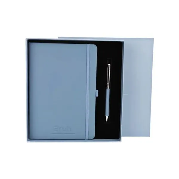 Set de cuaderno 15x21 cm con bolígrafo retractil azul en caja bruh