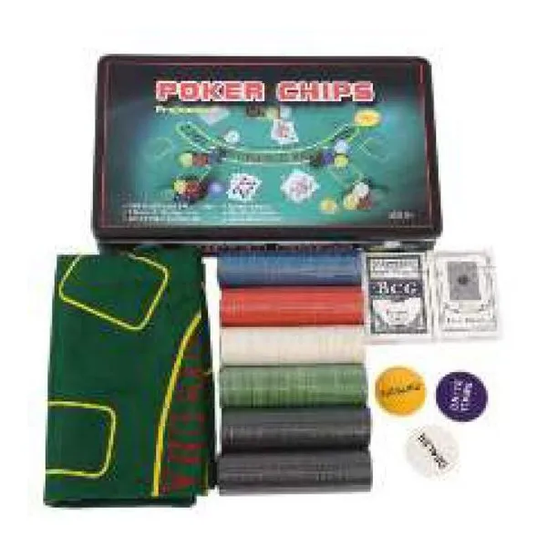 Super set de cartas de poker en lata con 300 fichas, 2 mazos de cartas y mantel