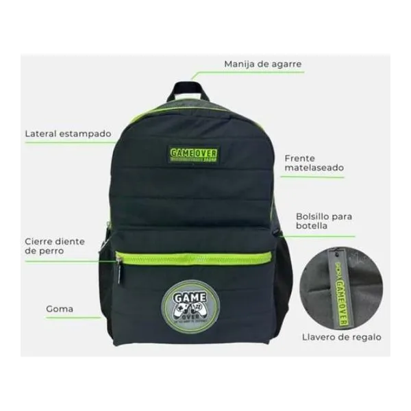 Mochila lets play gamer game over matelasse con llavero 32x45x15 cm