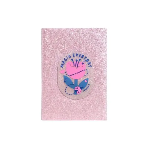 Cuaderno 14.5x21 cm rayado glitter tulipan rosa chimola