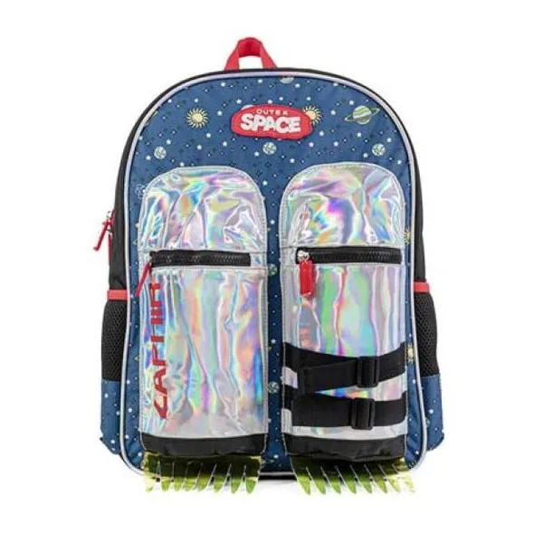 Mochila roja de 18" con espalda con estampa del espacio y bolsillos