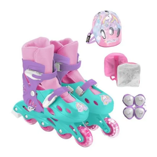 Roller unicornio regulable + kit de proteccion y mochila talles:30-33; 34