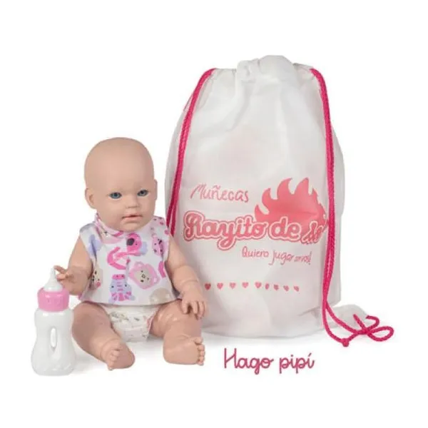 Emi en mochila hago pipi 36 cm ojos abiertos,pañal y mamadera