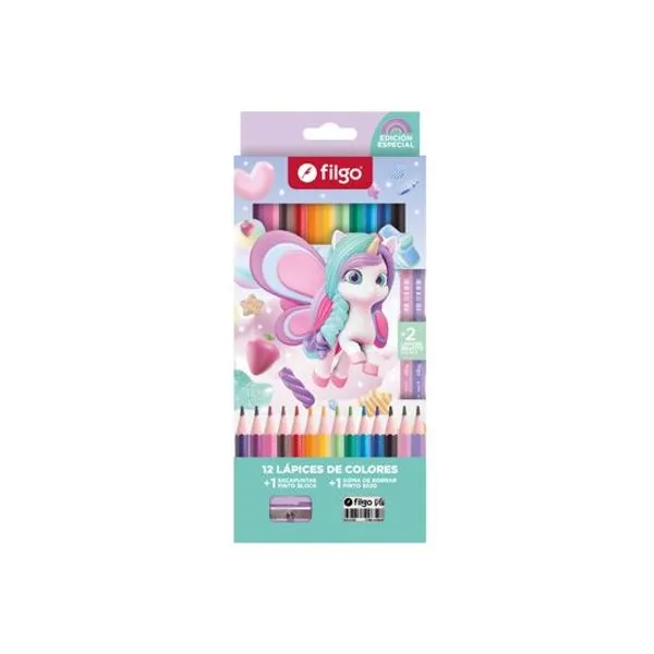Lápiz de color largo de resina Pinto unicornio con goma y sacapunta caja x12 Filgo