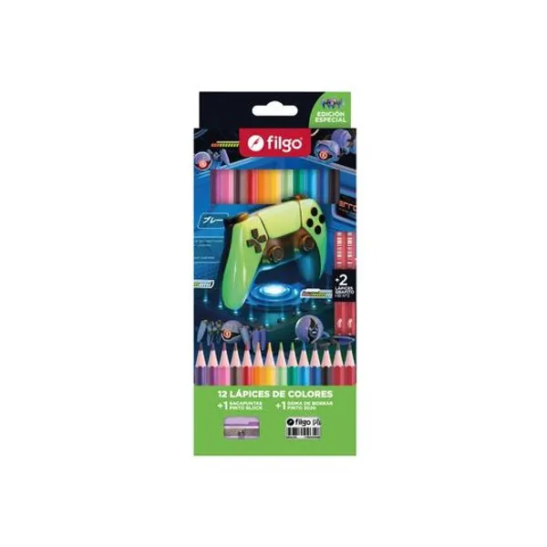 Lápiz de color largo de resina Pinto gamer con goma y sacapunta caja x12 Filgo