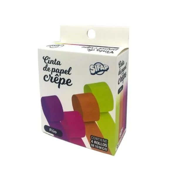 Cinta de papel crepe Sifap fluo x4 rollos de 10 mts