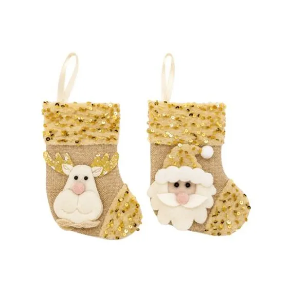 Set x12 botas doradas con papá noel y reno 10x17 cm