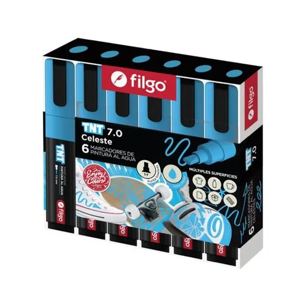 Marcador de pintura al agua tnt punta biselada 1/7 mm celeste caja x6 Filgo