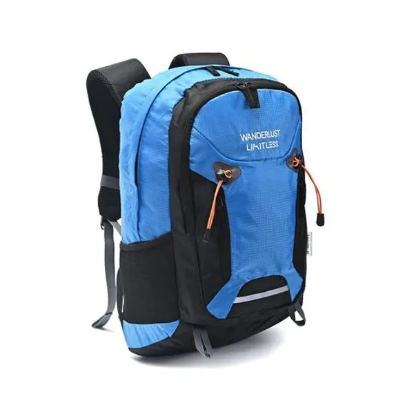 Mochila 19" espalda camping azul con cobertor wanderlust