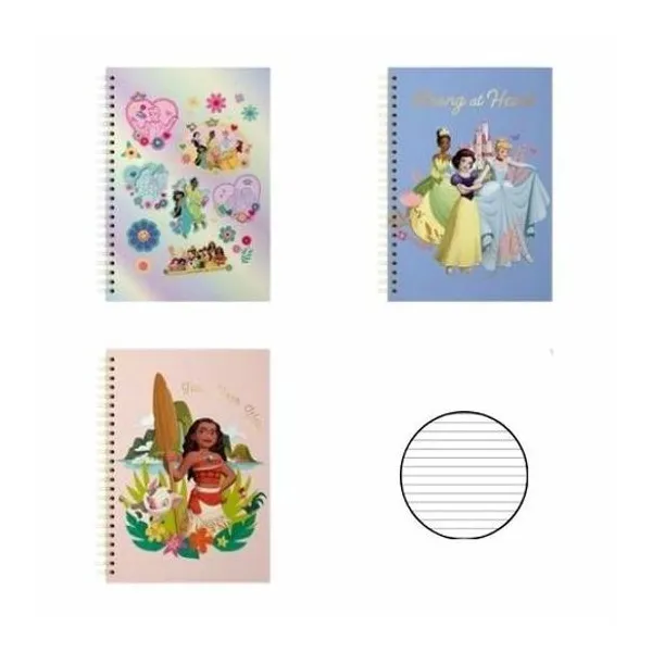 Cuaderno 16x21 cm rayado 80 hojas tapa dura con espiral princesas x1 modelos surtidos