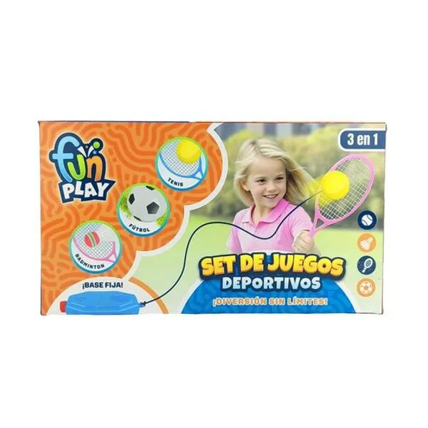 Set de juegos deportivos 3 en 1 8 piezas badminton/fútbol/tenis en caja 44x24x6 cm