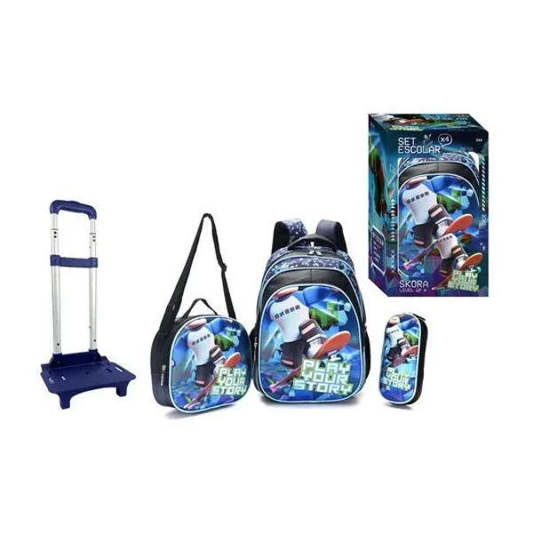 Set mochila 16" con carro, lunchera 24x22x9 cm y cartuchera 23x10x4.5 cm level up Skora