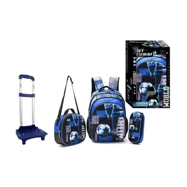 Set mochila 16" con carro, lunchera 24x22x9 cm y cartuchera 23x10x4.5 cm fútbol Skora