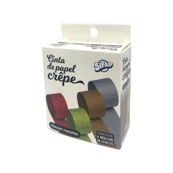 Cinta de papel crepe Sifap clásico metalizado x4 rollos de 10 mts